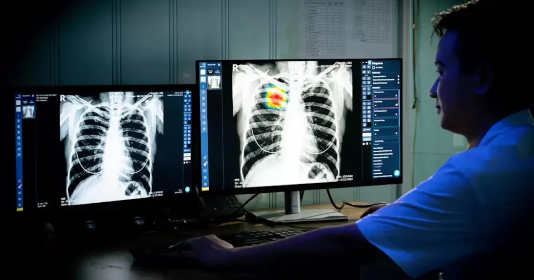 A radiologist analysing a chest X-ray using VinBrain DrAid A radiologist analysing a chest X-ray using VinBrain DrAid
