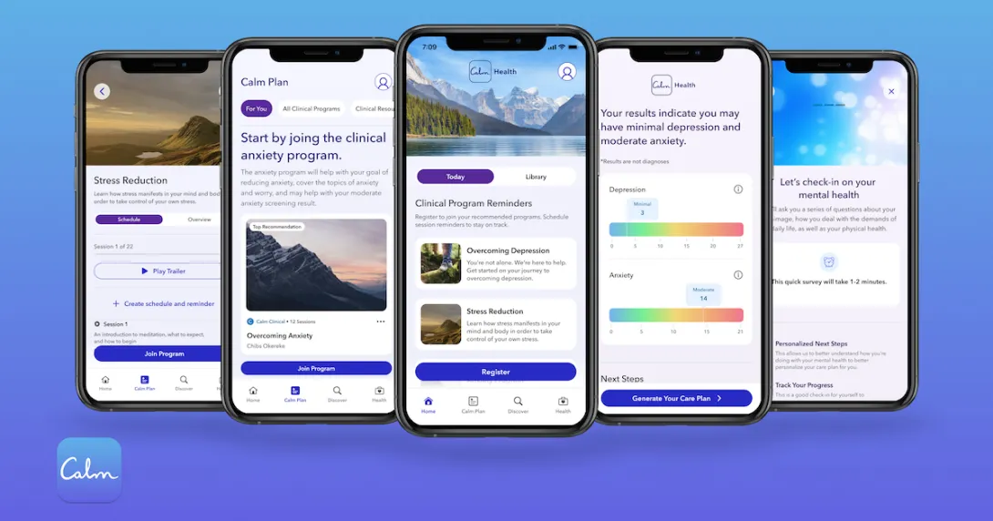 Multiple smartphones displaying the Calm Health offering including an anxiety and stress reduction program. Multiple smartphones displaying the Calm Health offering including an anxiety and stress reduction program.